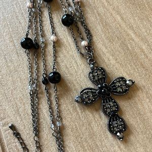 New York & Company Black and Silver Beaded Cross Necklace